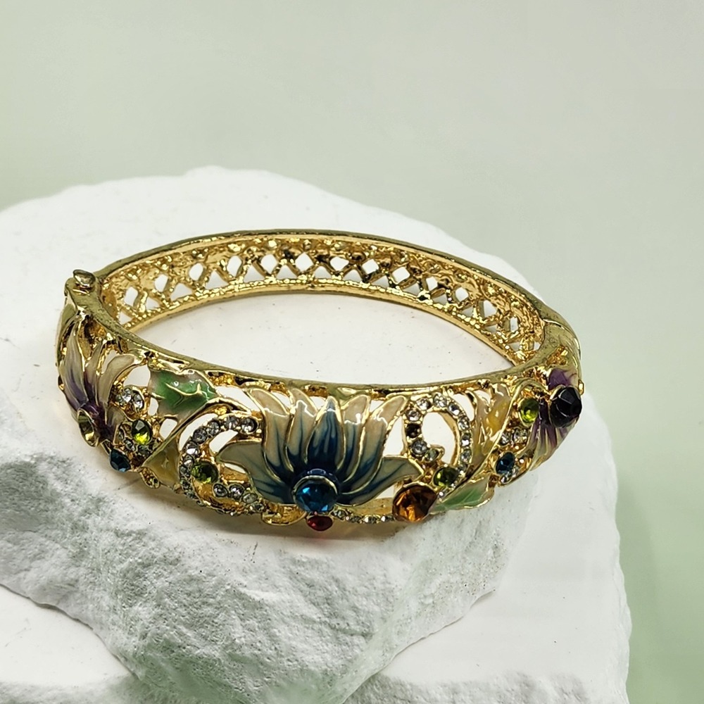 Gold Tone Floral Enamel Rhinestone Wide Hinged Bracelet Colorful Glam Statement